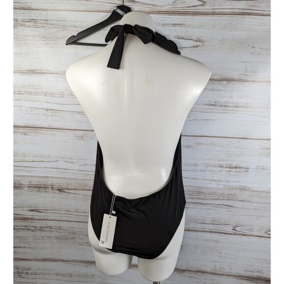 Luna Tuccini Black Halter Deep V Neck One-piece Bathingsuit Swim Sz 10 New - Picture 3 of 4